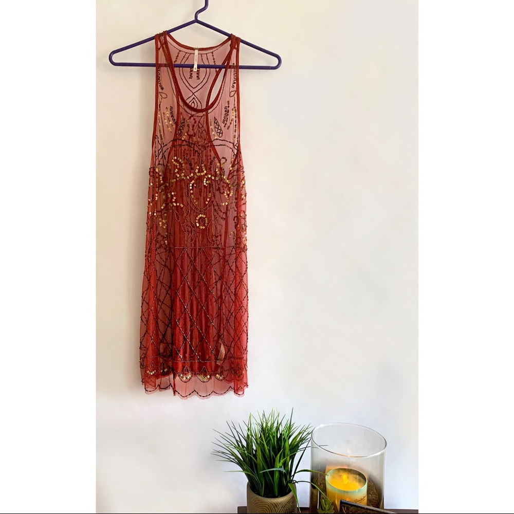 Free People Unlined Beaded Mesh Mini Dress in Red